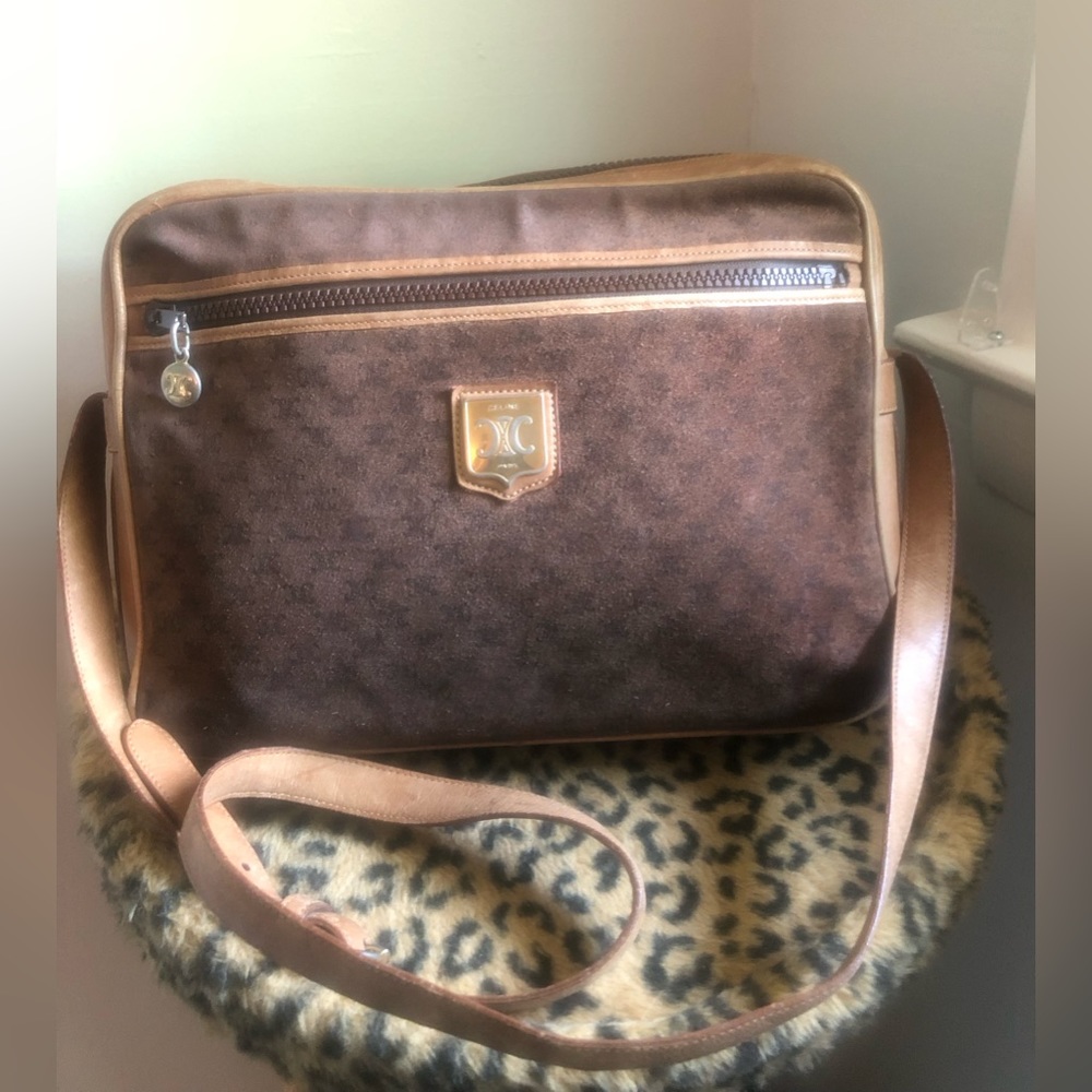 Celine Vintage suede and leather trim shoulder bag w adjustable straps